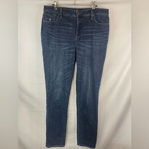 Chicos so slimming medium blue jeans. Soo cute with a little distressing.